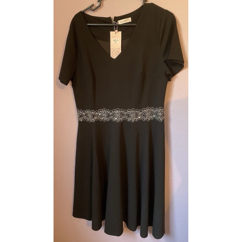 Maner Black Knee Length Dress Fit Flare Jewels Size XL New